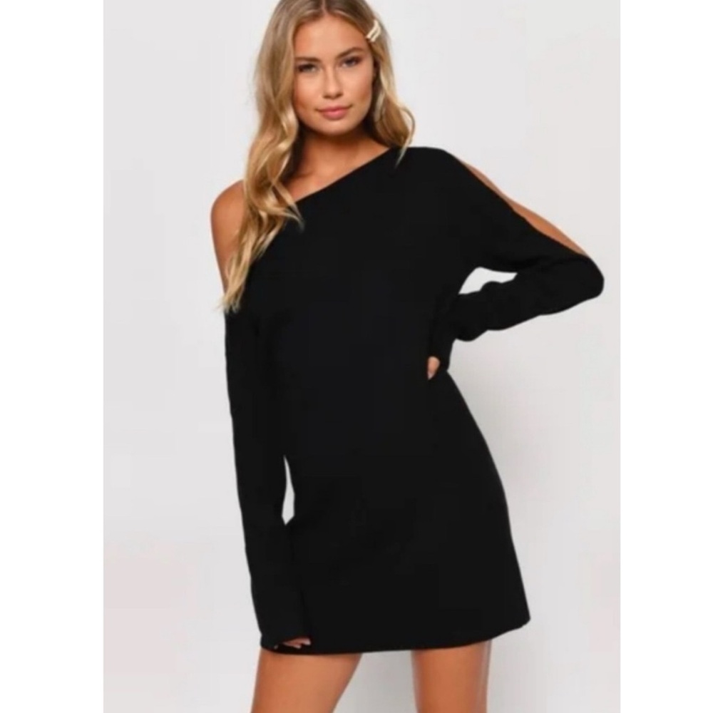 NWT TOBI Olivia Cold Shoulder Sweater Dress Mob Wife LBD Large Black